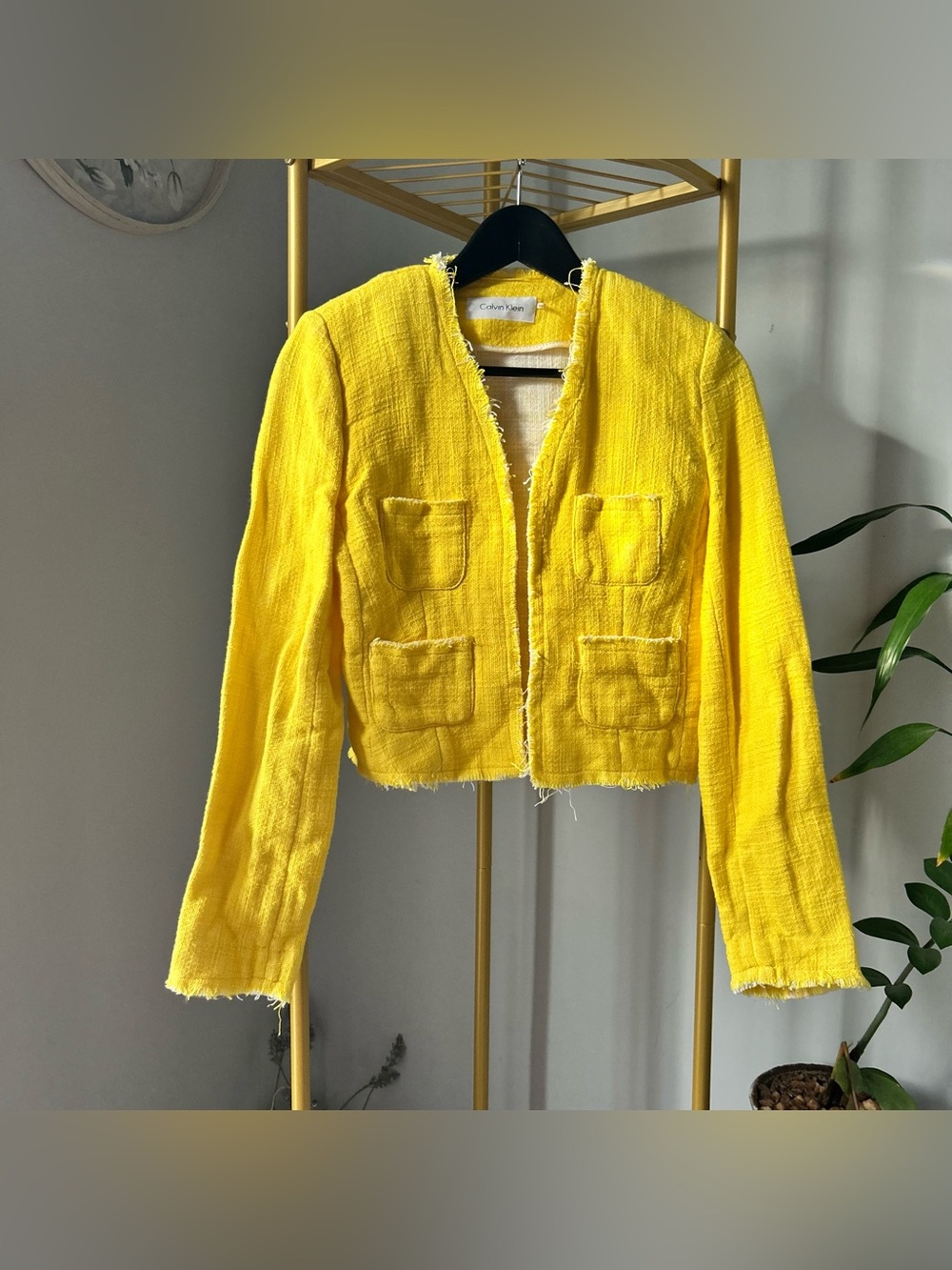 Calvin Klein Bright Yellow boxy Tweed preppy Parisian open Cropped Blazer size P